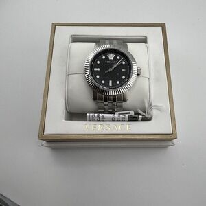 Versace Watch Mens 45mm Swiss Made Stainless Steel Black Dial Date VE3K00422 Box